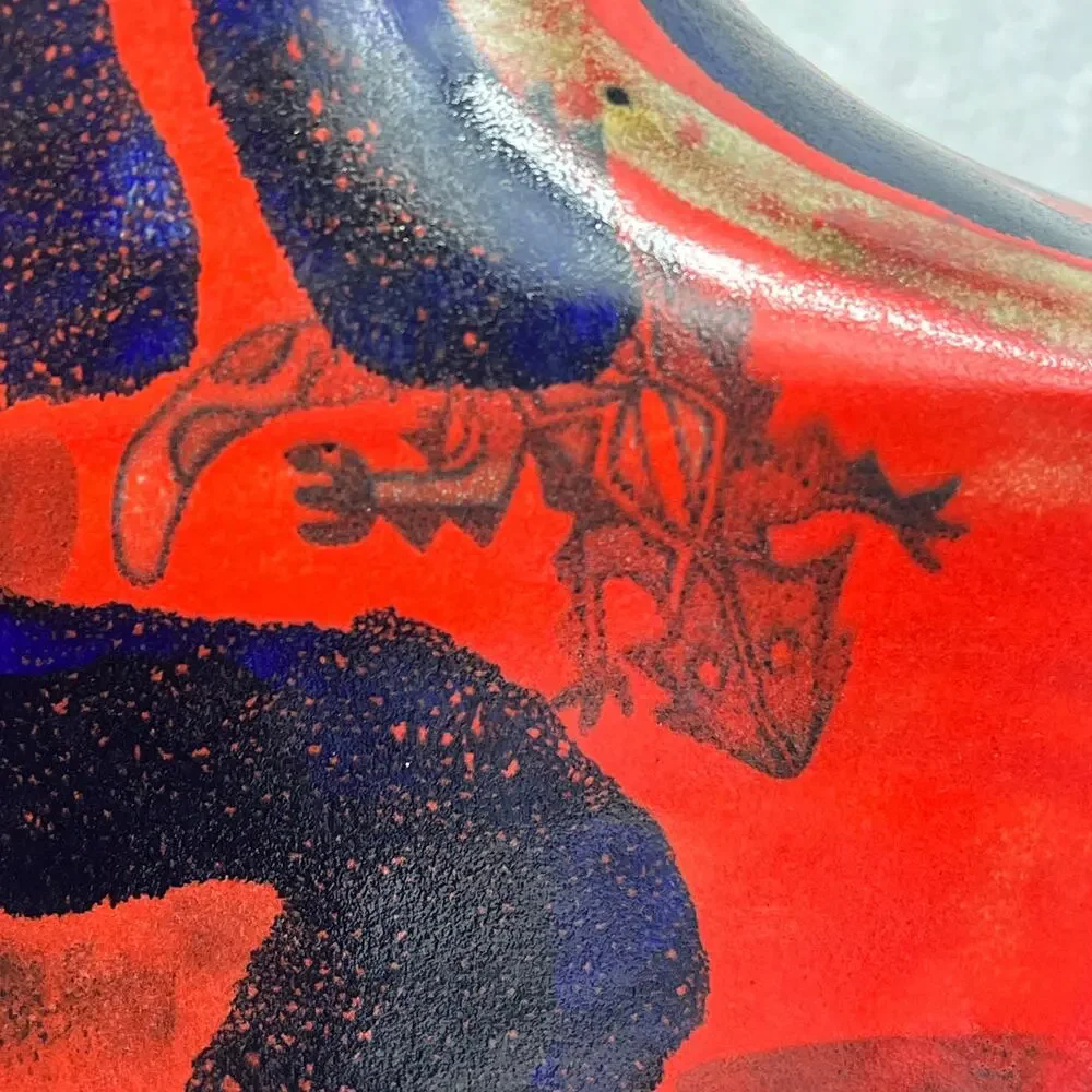 Handcrafted Red Blue Abstract Glazed Ceramic Vase 11.25